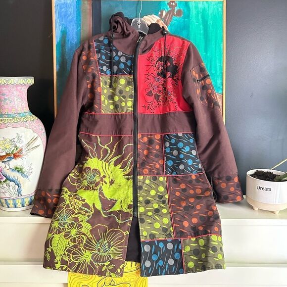 Nepalese Boho Hippy Festival Patchwork Hooded Fleece Lined Jacket 42" L - Picture 1 of 16